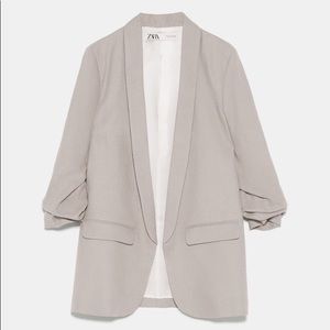 Zara Tan Linen Blazer with ruched sleeves